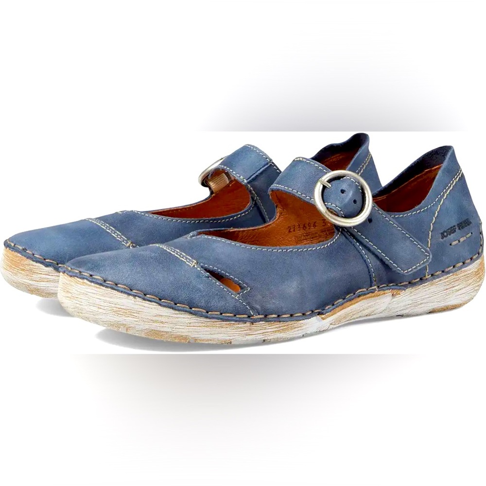Josef Seibel Fergey blue Mary Jane Leather Flats Shoes loafers Size 37 7 US EUC